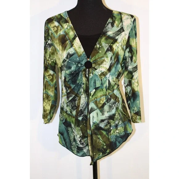 Y2K Babydoll GREEN Top PHOEBE BUFFAY Fairy Print Boho Silky Shirt  33 - 35 Small - Picture 9 of 9